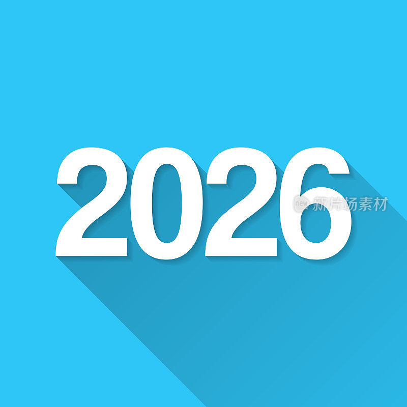 2026年- 2026年。图标在蓝色背景-平面设计与长阴影